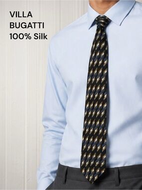 Villa Bugatti 100% Italian Silk Geometric Pattern Tie Brown Blue Gold